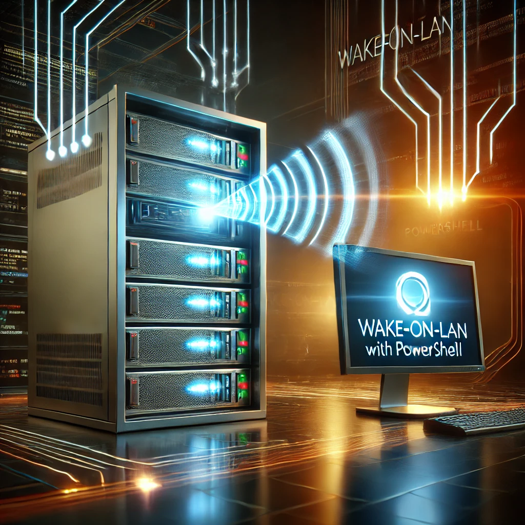 Futuristische Darstellung von Wake-on-LAN und PowerShell